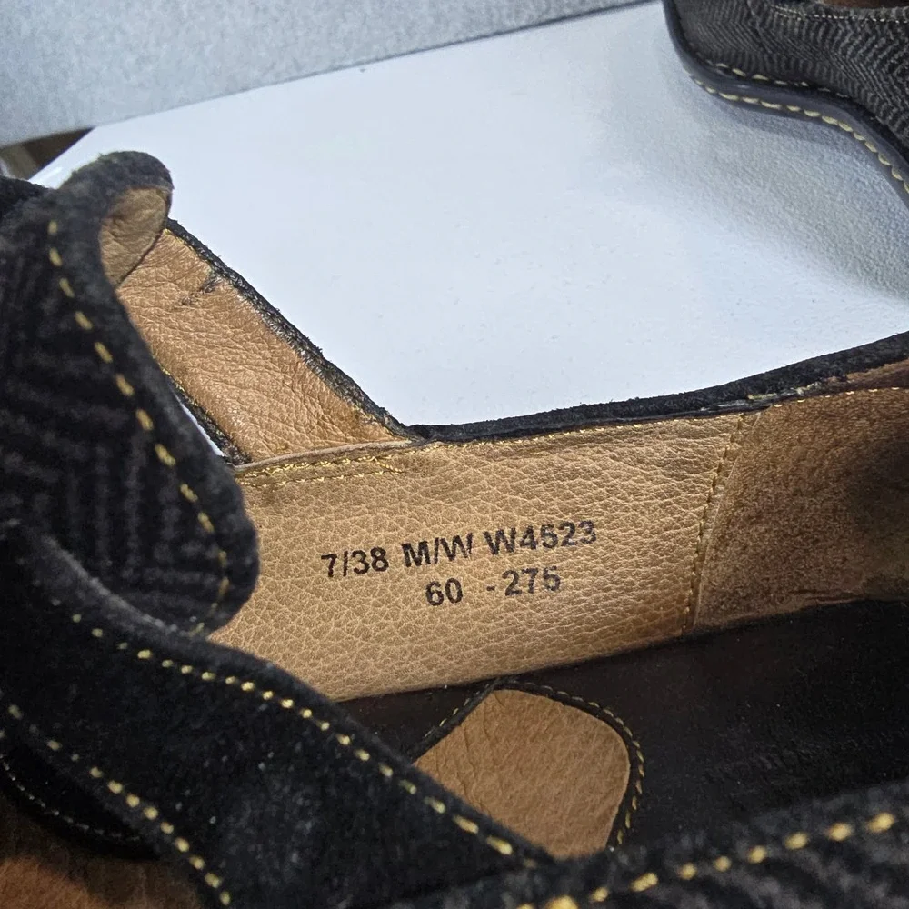 Born W4523 Herringbone Mary Jane Flats Black Grey Leather Suede Tie Womens 7 38